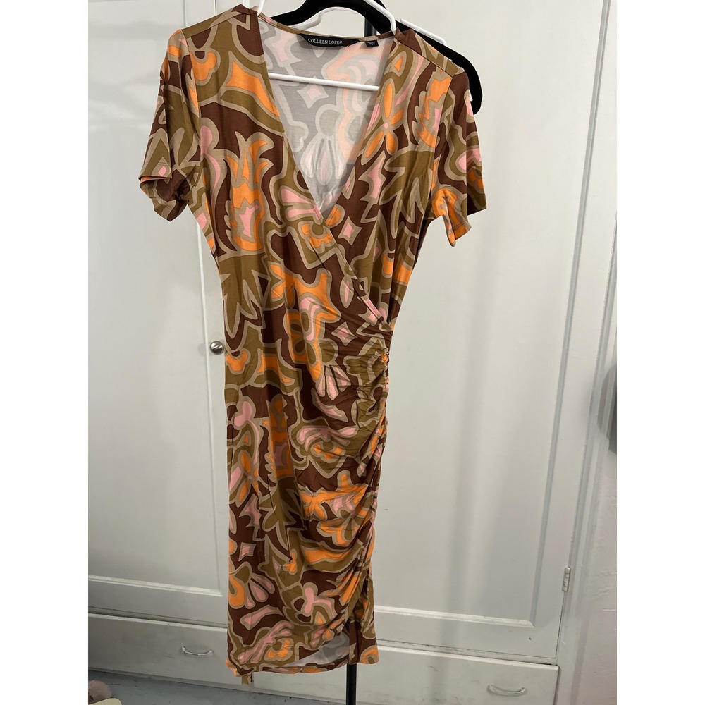 Colleen Lopez Ruched Wrap Dress‎ Brown Orange Pink Swirl Print Short Sleeve Midi